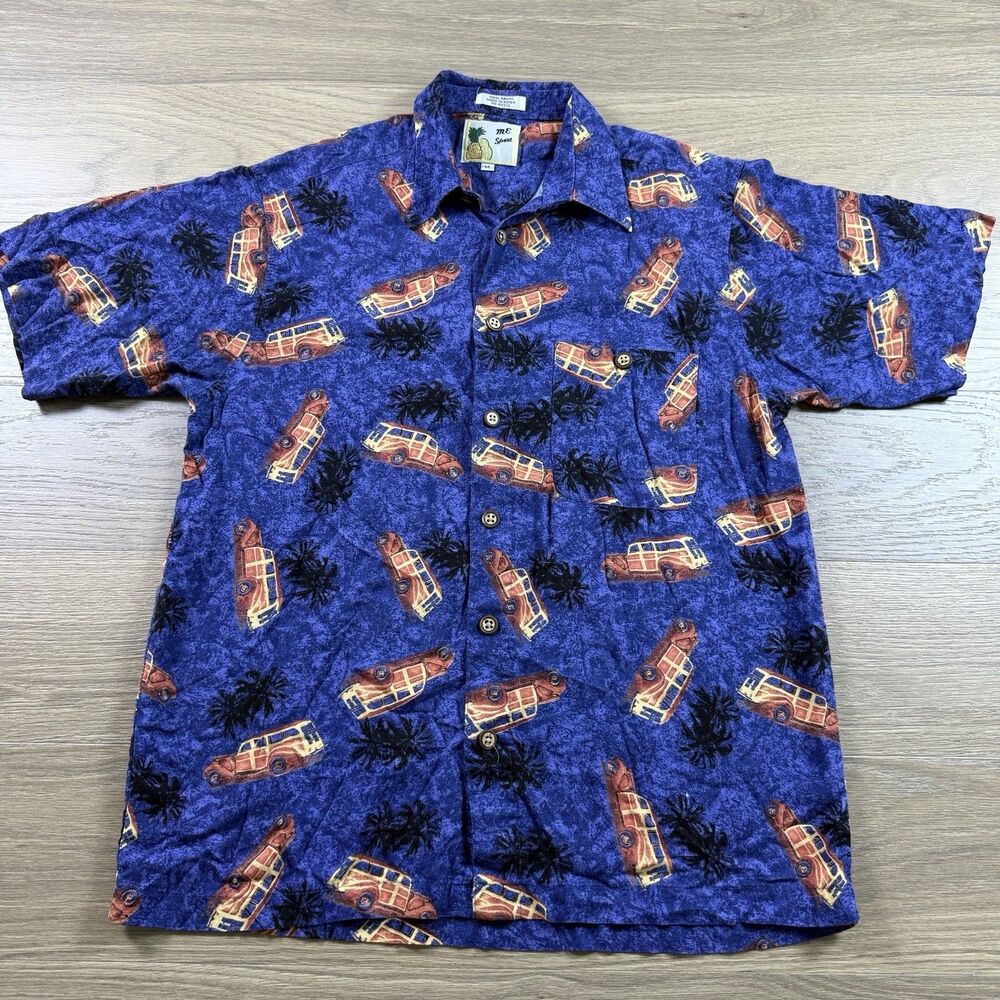 Vintage ME Sport Shirt Men Medium Hawaiian Woody Wagon Palm Tree Relaxed Aloha